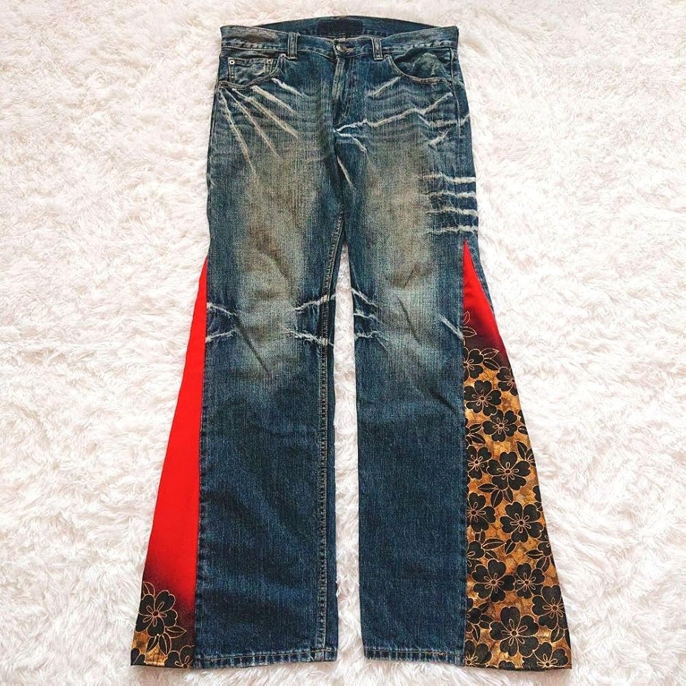 Amazon | リメイクデニムパンツ フレア デニム × 着物 花柄 和柄